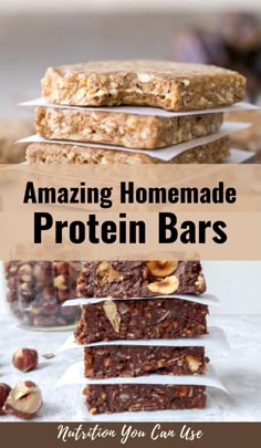 homemade protein bars stacked on top of each other with text overlay that reads amazing homemade protein bars