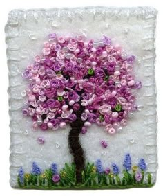 a painting of a tree with purple flowers on it