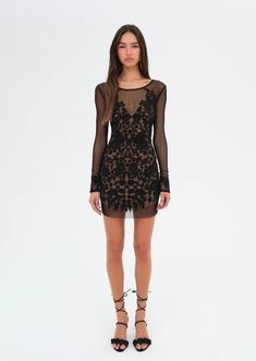 Luau Mini Dress | For Love & Lemons Formal Sheer Mini Length Dress, Sheer Mini Length Formal Dresses, Chic Black Mini Dress With Sheer Back, Chic Sheer Mini Dress For Evening, Fitted Mini Dress With Sheer Back For Spring, Elegant Evening Mini Dress With Sheer Back, Elegant Mini Dress With Sheer Back For Evening, Elegant Fitted Mini Dress With Sheer Back, Lace Dress With Sheer Sleeves For Night Out