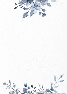 watercolor painting of blue flowers and leaves on white paper with space for your text