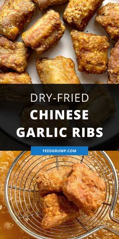 fried chinese garlic ribs on a plate with text overlay that reads dry - fried chinese garlic ribs