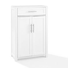 a white cabinet with two doors and one drawer on the bottom, against a white background