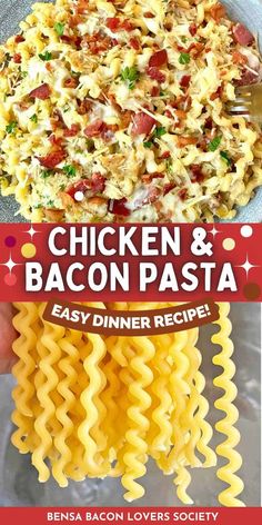 chicken and bacon pasta is being held up in front of an advertisement for the easy dinner recipe