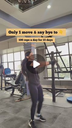 a man standing in front of a gym machine with the words only move & say bye to