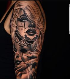 a woman's half sleeve tattoo with an image of her face