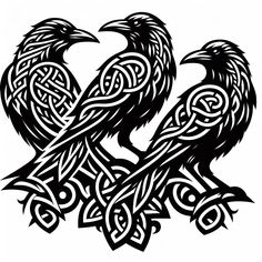 two black crows sitting on top of each other with celtic designs in the back ground