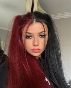 Two Split Hair Color, Cute Half And Half Hair Colors, Half One Color Half Another Hair, Split Hair Colour Ideas, Cute Hairstyles For Split Dyed Hair, Ideas On How To Dye Your Hair, Hair Color Half And Half Ideas, Split Dye Hairstyle, Half Red And Half Black Hair