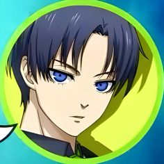 an anime character with blue eyes and black hair in front of a green circular background