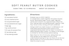 the recipe for soft peanut butter cookies is shown in black and white, with information about ingredients