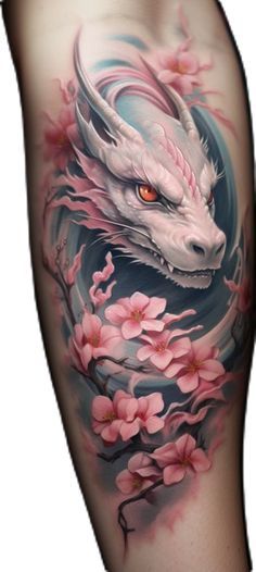 an artistic tattoo with a dragon and flowers on it