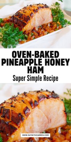 oven baked pineapple honey ham recipe with text overlay