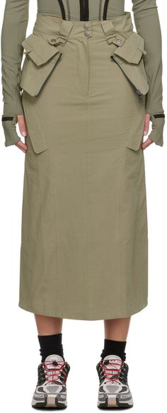 Cotton twill skirt. Detachable belt-style overlay with zip pockets and hammer loops. · Belt loops · Three-pocket styling · Zip-fly · Flap pockets at front · Vented side seams · Logo-engraved silver-tone hardware Supplier color: Khaki Green Overlay, Hyein Seo, Green Maxi Skirt, Twill Skirt, Utility Skirt, Fashion Moodboard, Belt Style, Cargo Skirt, Mood Board Fashion