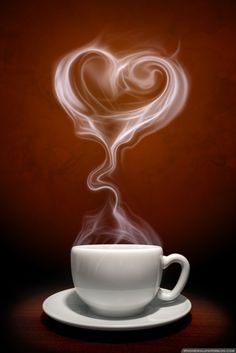 a coffee cup with steam rising out of it's top and the shape of a heart