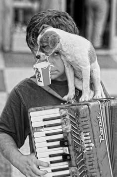 a man holding an accordion with a dog on his shoulder