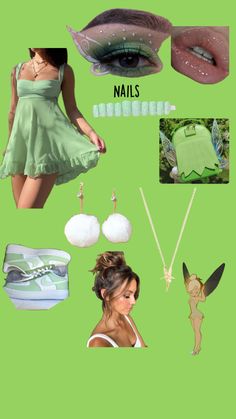 a collage of different items including shoes, necklaces and earrings on a green background