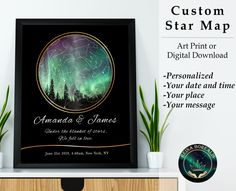 the custom star map is displayed on a shelf next to potted plants