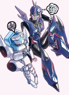 a drawing of a robot riding on the back of a motorcycle next to another robot