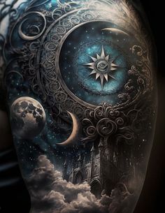 a man's arm with a clock and stars in the sky on it, as if