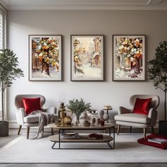 a living room with three paintings on the wall and two chairs in front of them