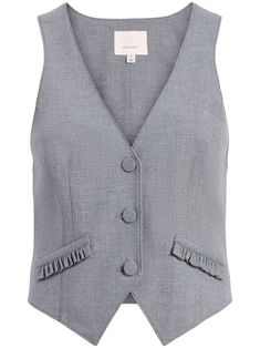 grey front button fastening V-neck sleeveless faux pocket detail V-neck Button Closure Vest For Workwear, Solid Cotton V-neck Vest, Gray V-neck Vest For Workwear, Luxury V-neck Vest With Buttons, Tailored V-neck Vest With Pockets, Vest Ideas, Cinq A Sept, Yoko London, Outerwear Vest