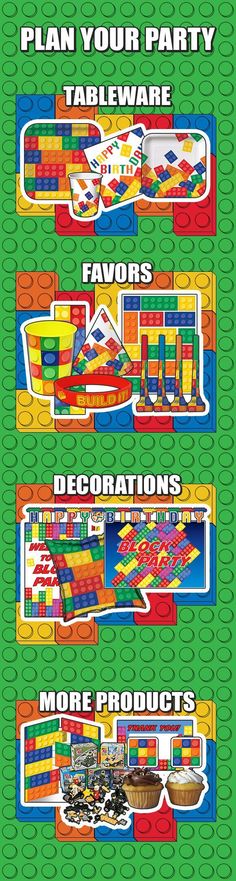 a poster with different types of toys on it's sides and the words plan your party