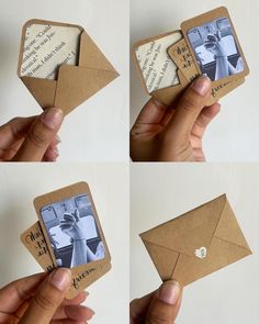 four photos of someone holding an envelope with the same photo on it as if they were opening