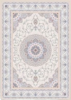 a rug with an ornate design on the center and blue, beige, white and grey colors