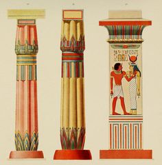 three different colored columns with egyptian designs on the top one is red, white and blue