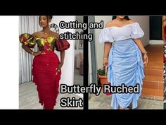 three different types of dresses with the words cutting and stitching butterfly ruched skirt