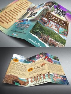 an open tri fold brochure with images of people on the beach and in the water