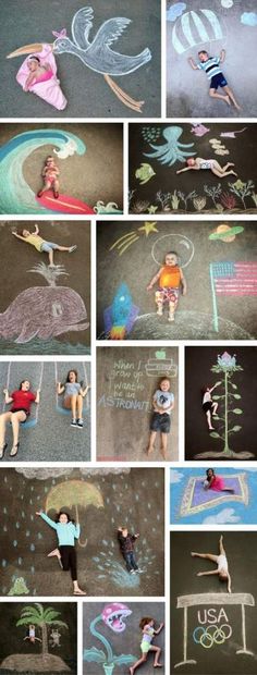 several pictures of people doing different things in chalk