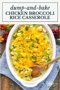 a casserole dish with broccoli and cheese in it on a wooden table