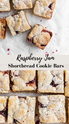 raspberry jam shortbread cookie bars are cut into squares and stacked on top of each other