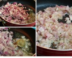 onions being cooked in a pan on the stove top and then stirred with water to make an omelet