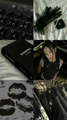 a collage of photos with black and white items on them, including gloves, necklaces, and other accessories