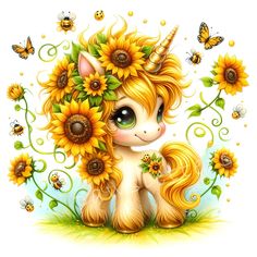 a cute little unicorn with sunflowers in her hair