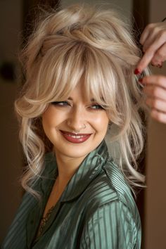 Modern messy updo, Pamela Anderson/Goldie Hawn inspired wedding hair Pam Anderson Hair 90s Bangs, 70s Up Do Hairstyles, Shag Updo Wedding, Bridget Bardot Inspired Hair, Messy 70s Hair, Formal Mullet Hairstyles, Modern Bridget Bardot Hair, Wedding Hair Shag, 70s Formal Hair