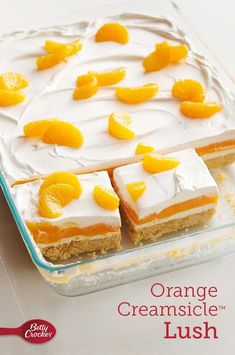 an advertisement for orange creamsice lush on a white table with slices cut out