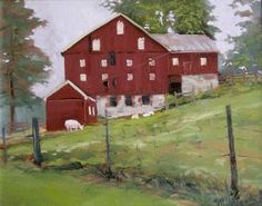 an oil painting of a red barn with sheep in the field next to it by a fence