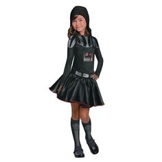 Who knew Darth Vader could be such a cutie? Well, this iconic movie villain is more fabulous than frightening with this stylish kids' Halloween costume. Complete with a dress that'll be a blast to spin and sashay in, an outfit this awesome is sure to make a statement, no matter what galaxy you're in! © & (TM) Lucasfilm Ltd.
Polyester.
Includes:
o Dress
o Belt
o Headpiece
o Knee socks Female Star Wars Costumes, Darth Vader Party, Ray Star Wars, Darth Vader Costume, Darth Vader Costumes, Tinkerbell Costume, Star Wars Party Ideas, Girls Halloween Costumes, Children Costumes