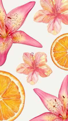 an orange slice and some pink flowers on a white background with watercolor paint effect