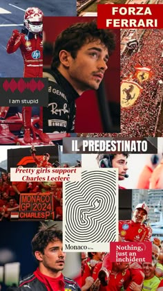 the collage shows many different people in red and black outfits, including one man with a