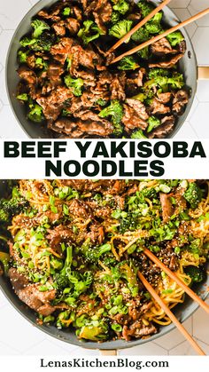 beef yakisoba noodles with broccoli and carrots in a skillet