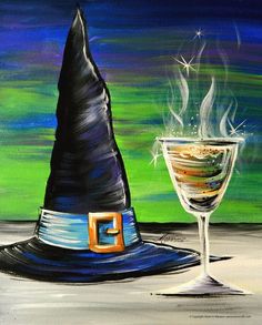 a painting of a witches hat next to a wine glass with a drink in it