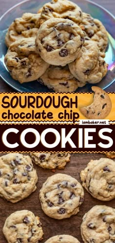 chocolate chip cookies on a plate with the words sourdough chocolate chip cookies above it