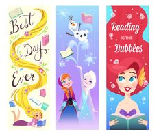 three disney princess bookmarks with the words best day ever and reading is the bubbles