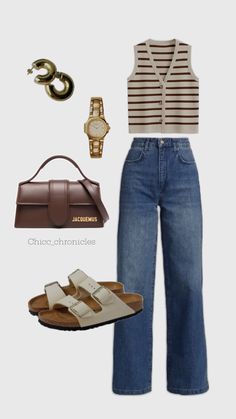 a women's outfit with sandals, purse and handbag