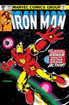 the cover to iron man comic book, with an image of a man flying through space