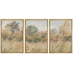 three paintings of trees and bushes in a field