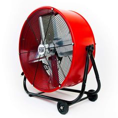 a red metal fan sitting on top of a black stand with casteors and wheels